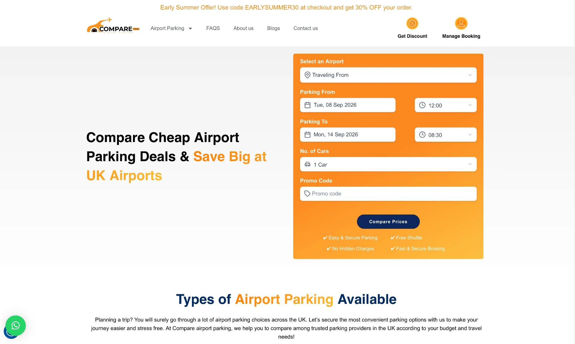 Alte Webseite von Compare Cheap Airport Parking mit hellem Design und orangefarbenem Buchungsformular